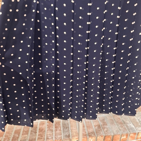 Navy Blue White Polka Dot Pleated Skirt Lined Classic Preppy Workwear 10P - Picture 2 of 7